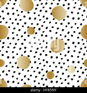 Hand drawn seamless repeat pattern with round shapes in golden and black dots texture on white background. Modern and original textile, wrapping paper Stock Vector