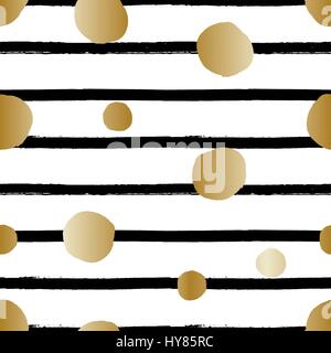 Hand drawn seamless repeat pattern with round shapes in golden and black stripes texture on white background. Modern and original textile, wrapping pa Stock Vector