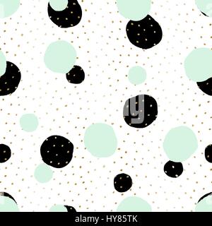 Hand drawn seamless repeat pattern with round shapes in black and mint green and golden dots texture on white background. Modern and original textile, Stock Vector