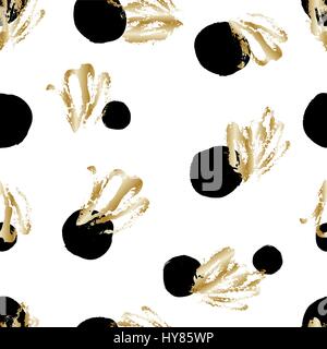 Hand drawn seamless repeat pattern with round shapes in black and golden scribbles on white background. Modern and original textile, wrapping paper, w Stock Vector