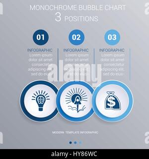 Infographics template for 3 steps. Monochrome Blue bubbles chart, elements for visualization business processes. Stock Vector