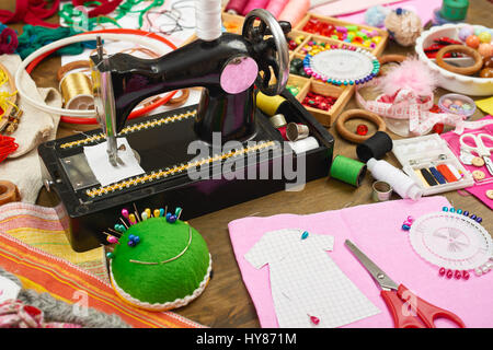 sewing accessories top view, seamstress workplace, many object for needlework and handicraft Stock Photo