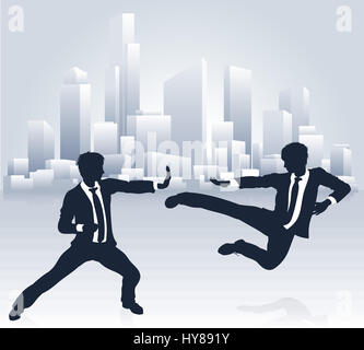 Conceptual business illustration of silhouette businesspeople martial arts karate or kung fu fighting Stock Photo