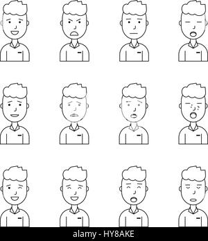 Boy face expressions, flat outline style, vector illustration, set collection Stock Vector