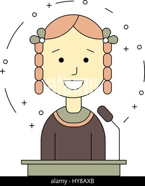 avatar girl on tribune for speech. Flat line style. Vector illustration Stock Vector