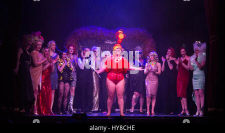 Finale with all artists. 'Rebirth of Burlesque' at Hoxton Hall is the official preview show to Chaz Royal's International London Burlesque Festival which takes place from 18 to 28 May 2017. The Rebirth of Burlesque show starred winners from the 2016 World Burlesque Games and Special Guests. Stock Photo