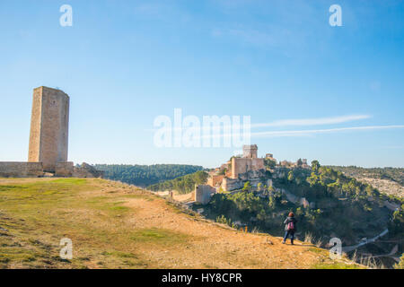 Overview and medieval tower. Alarcon, Cuenca province, Castilla La Mancha, Spain. Stock Photo