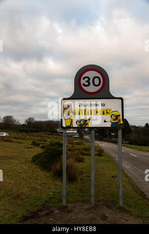 MINIONS – DECEMBER 2: Sign for village of Minions, showing characters from movie. Bodmin Moor, Cornwall, United Kingdom on December 2, 2016 in Minions Stock Photo