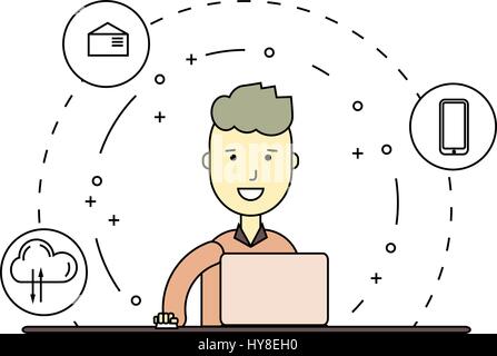 Vector illustration of male avatar in flat line style. Linear cute and happy man with laptop. Graphic design concept of social networking in Web Proje Stock Vector