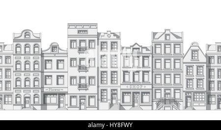 Seamless thin line cityscape background with classic houses Stock Vector