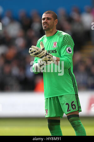 Middlesbrough goalkeeper Victor Valdes during the Premier League match at the Liberty Stadium, Swansea. PRESS ASSOCIATION Photo. Picture date: Sunday April 2, 2017. See PA story SOCCER Swansea. Photo credit should read: David Davies/PA Wire. RESTRICTIONS: EDITORIAL USE ONLY No use with unauthorised audio, video, data, fixture lists, club/league logos or 'live' services. Online in-match use limited to 75 images, no video emulation. No use in betting, games or single club/league/player publications. Stock Photo