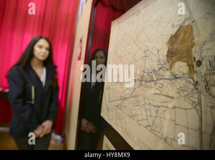 An undated ordnance survey map of Bletchley Park Home Guard territory on display, during the media launch for the Off Duty: High Spirits in Low Times exhibition at Bletchley Park in Milton Keynes. Stock Photo