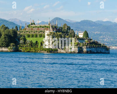 Complex gardens of a villa of isola Bella, major island of Maggiore Lake near Stresa in Northern Italy, at sunset Stock Photo