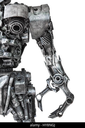 Closeup Body of metallic robot made from auto parts with machinery gears bolts and nuts isolated on white background with clipping paths Stock Photo