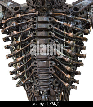 Closeup Body of metallic robot made from auto parts with machinery gears bolts and nuts isolated on white background with clipping paths Stock Photo