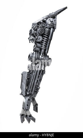 Rear view metallic robot hand made from machine part isolated on white background with clipping path Stock Photo