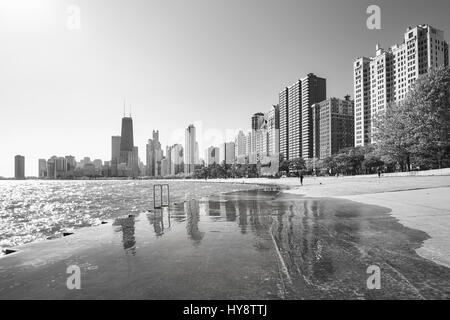 Black and white picture of Chicago waterfront skyline in the morning, view from the Michigan Lakefront, Illinois, USA. Stock Photo