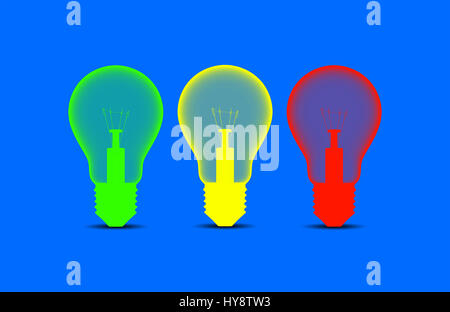 Colorful light bulbs on a blue background: illustration 2D Stock Photo