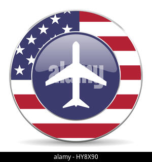 Plane usa design web american round internet icon with shadow on white background. Stock Photo