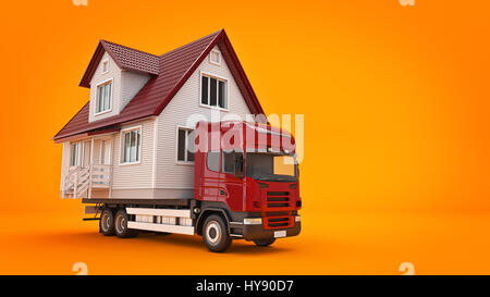 moving a house with a truck. 3d rendering Stock Photo