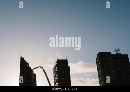 Demolition of high rise flats in Govan, Glasgow. Stock Photo