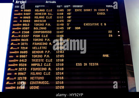 Arrivals schedule information display board panel at Termini Railway Station. Rome, Italy, Europe, European Union, EU. Stock Photo