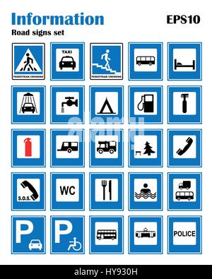 Informational road blue symbols set. Vector illustration isolated on white. Mandatory signs. Ready to use traffic banner. Stock Vector