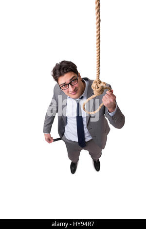 Man committing suicide through hanging himself isolated on white Stock Photo