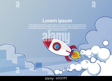 Flying Rocket Business Startup Concept Banner With Copy Space Stock Vector