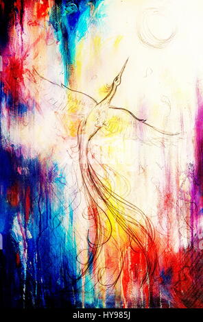 uprising phoenix bird flying up, drawing on abstract colorful background. Stock Photo