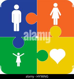 Colorful vector puzzles, four pieces isolated, with symbols of people. Social icon. Stock Vector