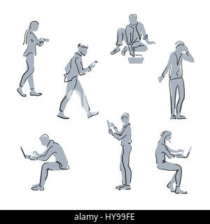 People using gadgets. Simple sketch line silhouettes. People online social networking with laptops, smartphones, tablets Stock Photo