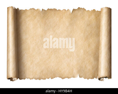 Old paper manusript scroll isolated on white horizontally oriented Stock Photo