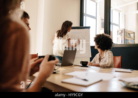 Businesswoman giving presentation to colleagues in conference room. Businesspeople during meeting in office board room. Stock Photo