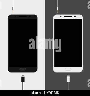 Two smartphones mockups, black and white versions with charge cables micro usb and earphones jack plug. Smartphones isolated with blank screen. Vector Stock Vector