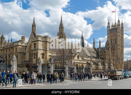 Houses of Parliament from Parliament Square with Westminster Hall in the foreground, London, England, UK Stock Photo