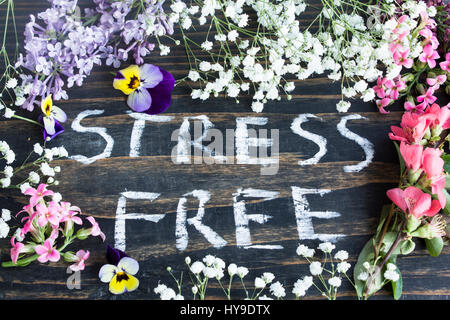 Words Stress Free with Spring Flowers on a Rustic Wooden Background. Stock Photo