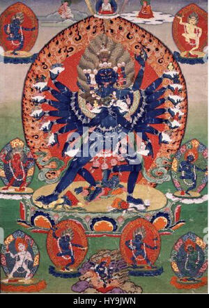 Hevajra is a complex deity from the Buddhist tradition, often depicted as a wrathful figure in Tibetan Buddhism. Hevajra symbolizes transformation, the overcoming of obstacles, and the power of wisdom in Buddhist philosophy. Stock Photo