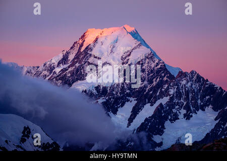 Scenic view of Mt Cook summit at colorful sunset, South island of New Zealand Stock Photo