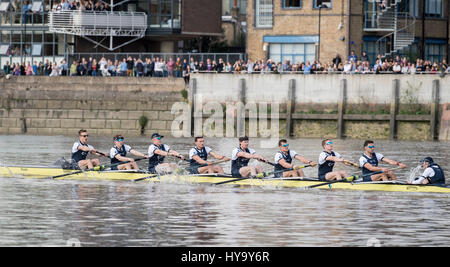 London, UK. 02nd Apr, 2017. The 163rd Cancer Research UK Men's Boat Race 2017. Oxford University Boat Club (OUBC) v Cambridge University Boat Club (CUBC).   Crew list:-  OUBC Blue Boat Crew (dark blue tops): 8 Vassilis Ragoussis (stroke), 7 James Cook , 6 Mike DiSanto, 5 Olivier Siegelaar, 4 Josh Bugajski, 3 Oliver Cook , 2 Matthew O’Leary , 1 William Warr (Bow), Sam Collier (Cox),  CUBC Blue Boat Crew (light blue tops): Bow: Ben Ruble, 2: Freddie Davidson, 3: James Letten, 4: Tim Tracey, 5: Aleksander Malowany, 6: Patrick Eble, 7: Lance Tredell, Credit: Duncan Grove/Alamy Live News Stock Photo