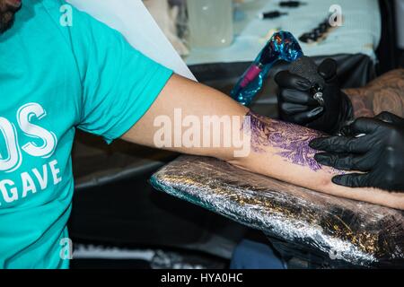 Queens, New York, USA. 2nd Apr, 2017. Over 250 artists attended The No Limits tattoo expo at Resorts World Casino. Credit: Jim DeLillo/Alamy Live News Stock Photo