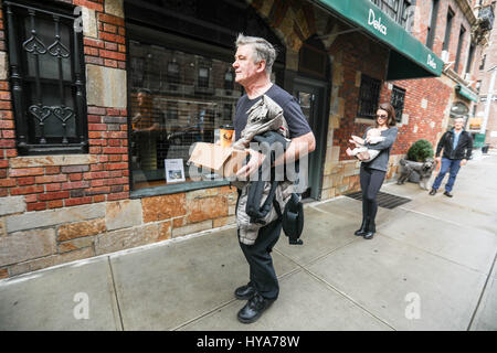 New York, United States. 03rd Apr, 2017. American actor Alec Baldwin and his wife Hilaria with the son of the couple Rafael are seen walking down the street near Union Square on Manhattan Island in New York City, Monday, 03. Today the actor celebrates 59 years. (PHOTO: WILLIAM VOLCOV/BRAZIL PHOTO PRESS) Credit: Brazil Photo Press/Alamy Live News