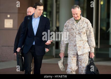 Kaiserslautern, Germany. 03rd Apr, 2017. U.S. Joint Chiefs of Staff Chairman Gen. Joseph Dunford walks with Jared Kushner, Senior Advisor and son-in-law to President Trump, before departing Ramstein Air Base for a visit to Iraq April 3, 2017 in Kaiserslautern, Rheinland-Pfalz, Germany. Credit: Planetpix/Alamy Live News Stock Photo