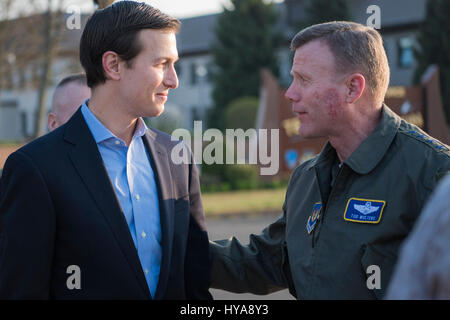 Kaiserslautern, Germany. 03rd Apr, 2017. U.S. Air Force Gen. Tod Wolters, commander, U.S. Air Forces in Europe and Africa, right, chats with Jared Kushner, Senior Advisor and son-in-law to President Trump on departure from Ramstein Air Base for a visit to Iraq April 3, 2017 in Kaiserslautern, Rheinland-Pfalz, Germany. Credit: Planetpix/Alamy Live News Stock Photo