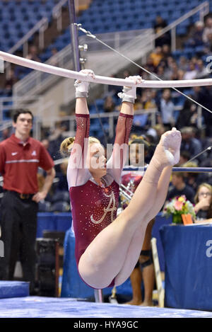 Morgantown, West Virginia, USA. 1st Apr, 2017. Alabama Crimson Tide gymnast SHEA MAHONEY competes on uneven bars during the 2017 NCAA Gymnastics regional Championships being held at the WVU Coliseum in Morgantown, WV. Credit: Ken Inness/ZUMA Wire/Alamy Live News Stock Photo