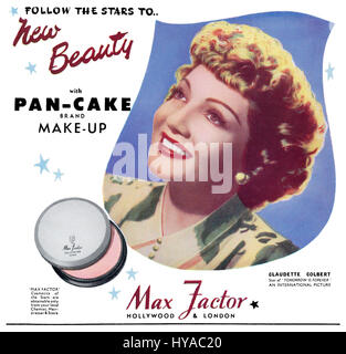 1946 British advertisement for Max Factor Pan-Cake Make-Up, featuring Hollywood actress Claudette Colbert. Stock Photo