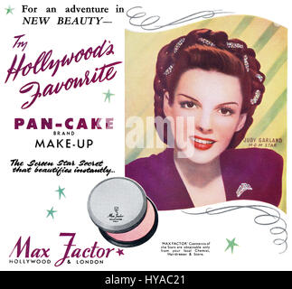 1946 British advertisement for Max Factor Pan-Cake Make-Up, featuring Hollywood actress Judy Garland. Stock Photo
