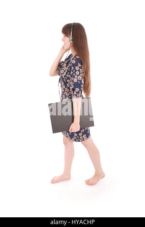 Beautiful customer service operator student girl with headset and laptop , isolated on white background. Stock Photo