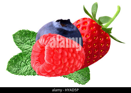 Fresh berries with mint leaves isolated on white background. Ripe sweet Strawberry, Raspberry, Blueberry Stock Photo
