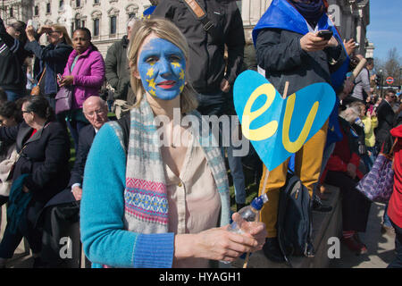 London, UK. 25th Mar, 2017. EU supporters at Parliament Square. Thousands march in Central London to 'unite for Europe' Brexit protest Stock Photo